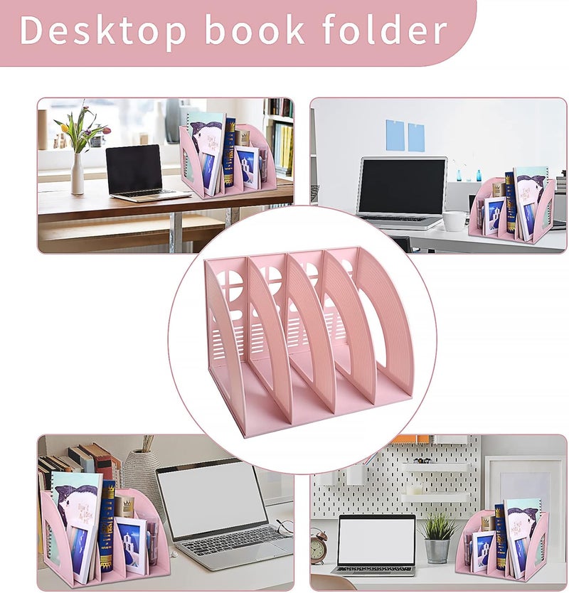 SAYEEC Sturdy Magazine Holder 4 Compartments Plastic Desktop File Organizer File Dividers Office Organizer Storage Document Magaizne Rack Display Box (Pink) - Image 4